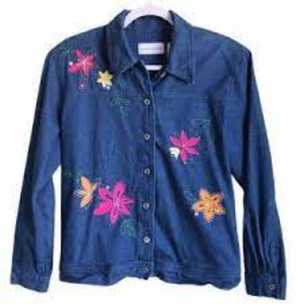 Alfred Dunner Womens Denim Jacket With Floral Print New Size 12